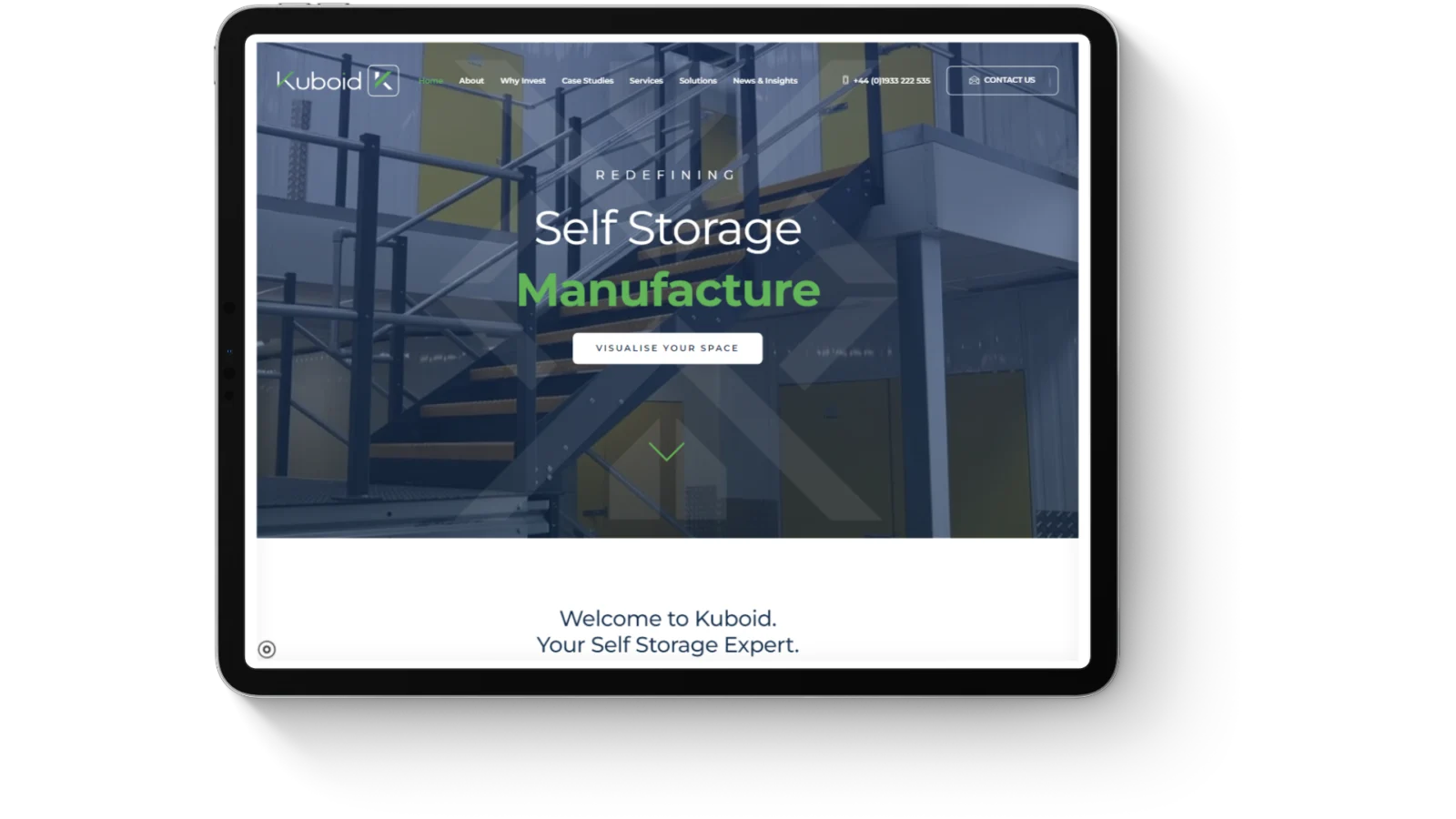 Building a Brand with Simone: Kuboid’s Marketing Strategy 4 The Kuboid self storage website homepage shown on a tablet
