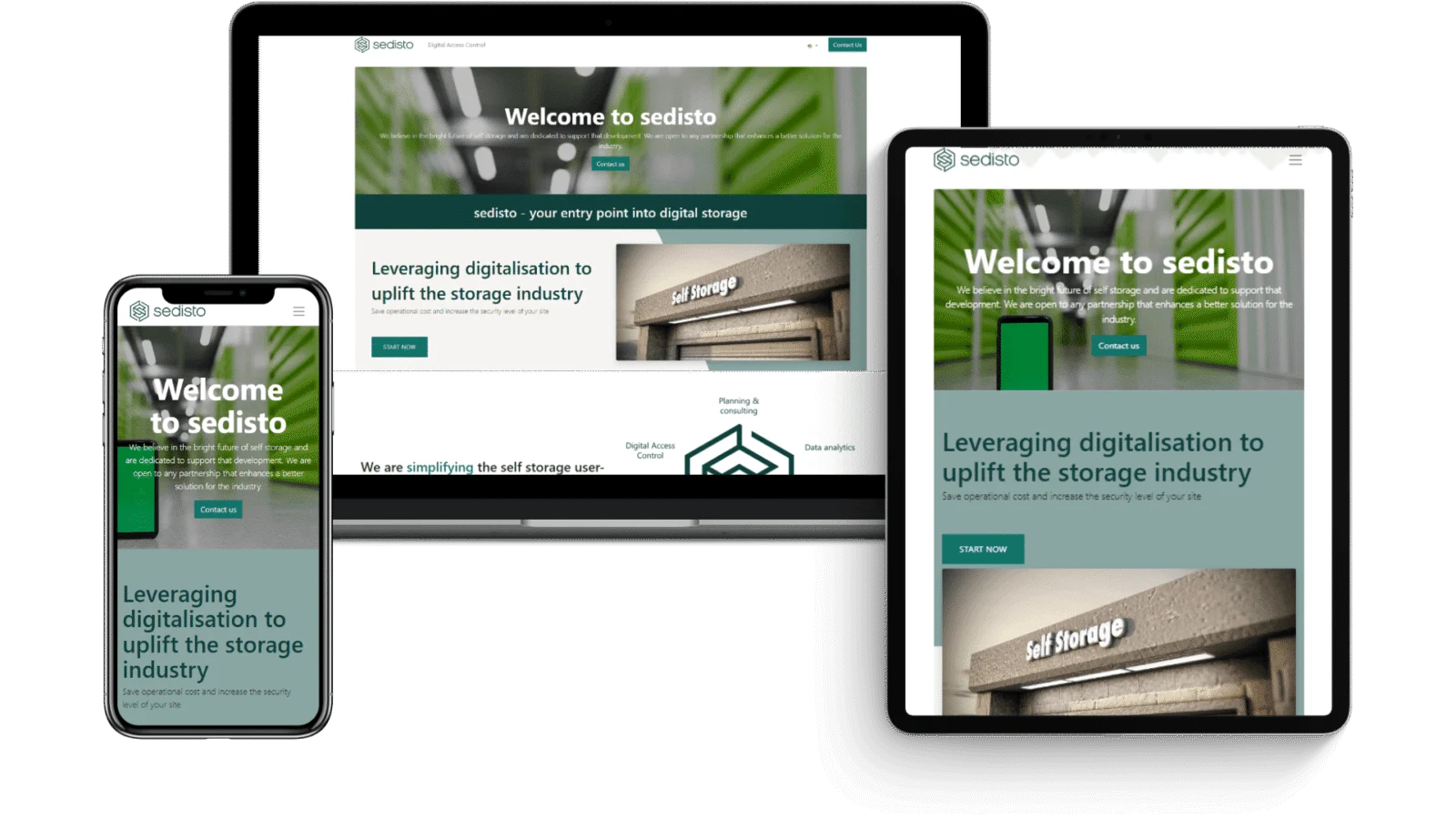 The Sedisto website displayed across desktop, phone and tablet screens