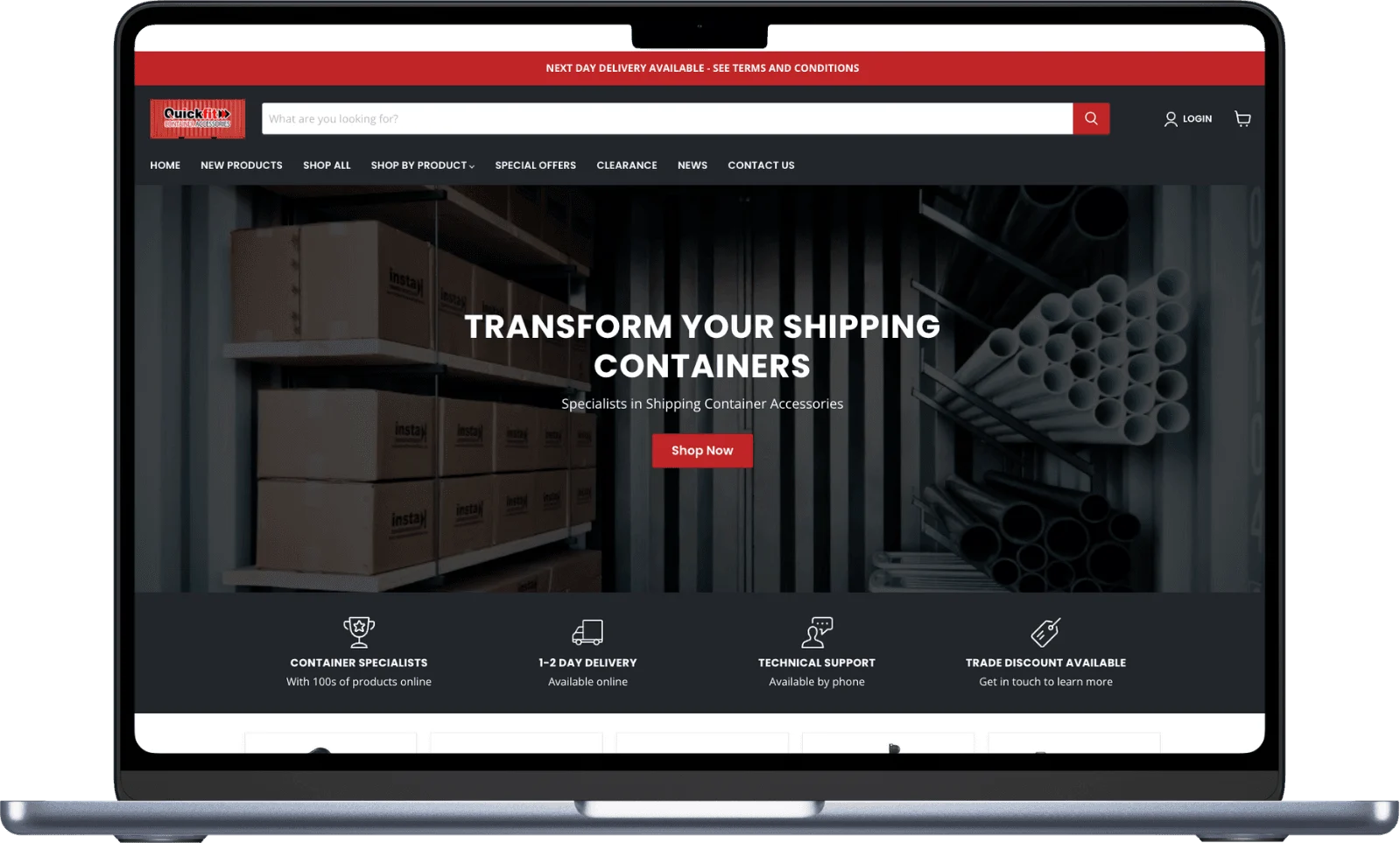 The rebuilt Quickfit Container Accessories Shopify store on a laptop