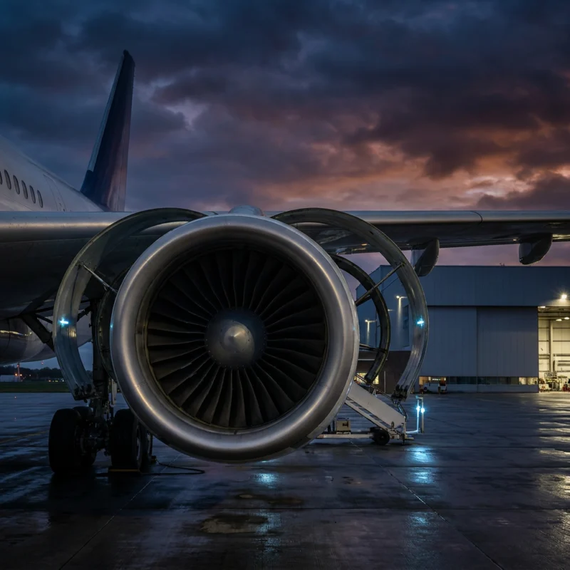 A commercial jet engine on the apron at dusk
