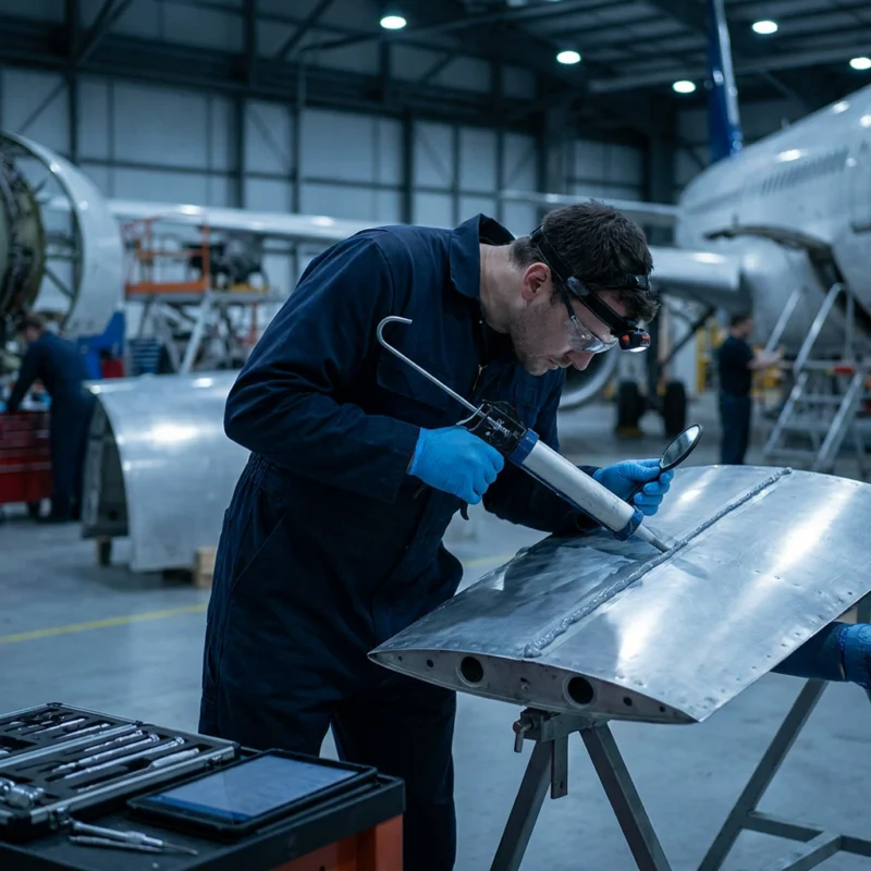 An aviation engineer applying sealant to an aircraft panel