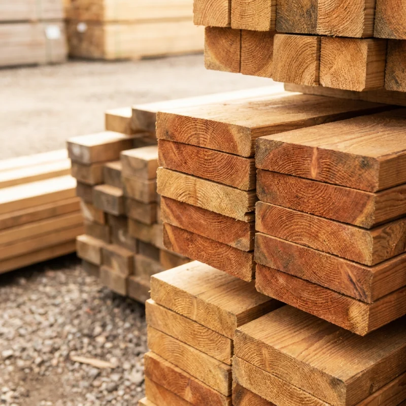 Stacked construction timber in the Burnt Oak yard