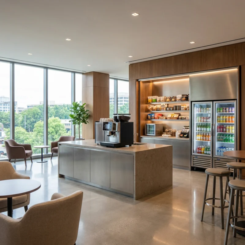 Premium workplace break-out area with an office coffee machine and a micro-market refreshment station, reflecting Connect Vending services