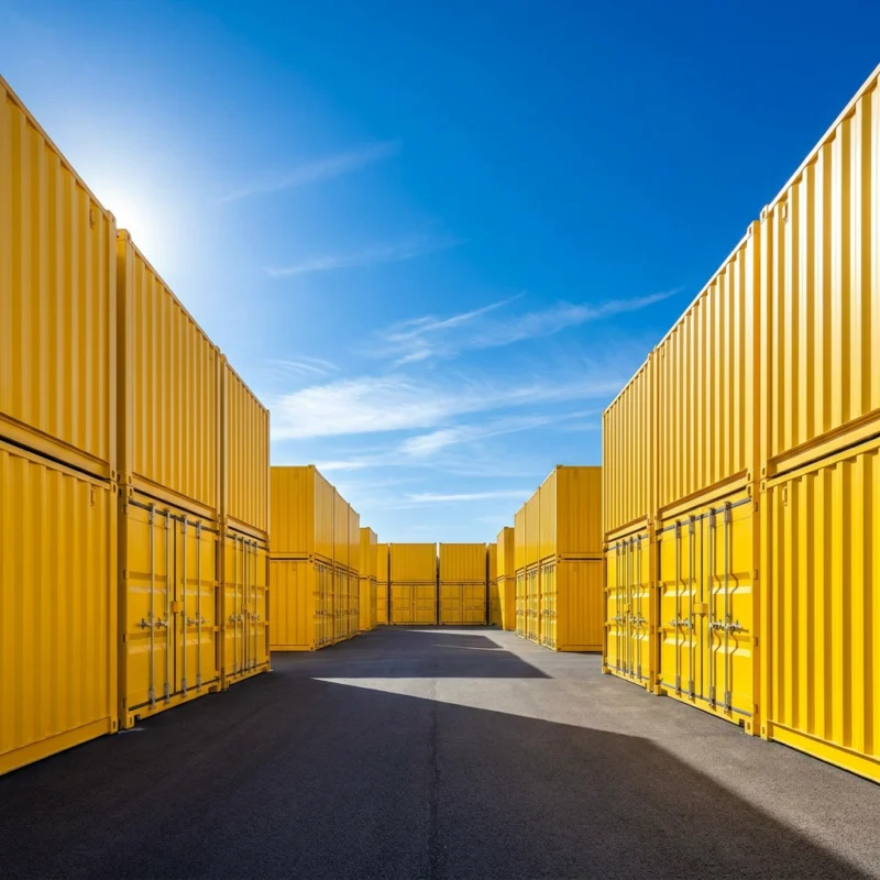 Rows of bright yellow self-storage shipping containers on a clean forecourt