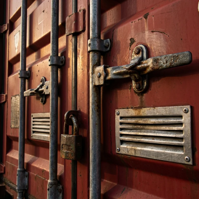 Heavy-duty shipping container hardware, padlock and vents on a container door